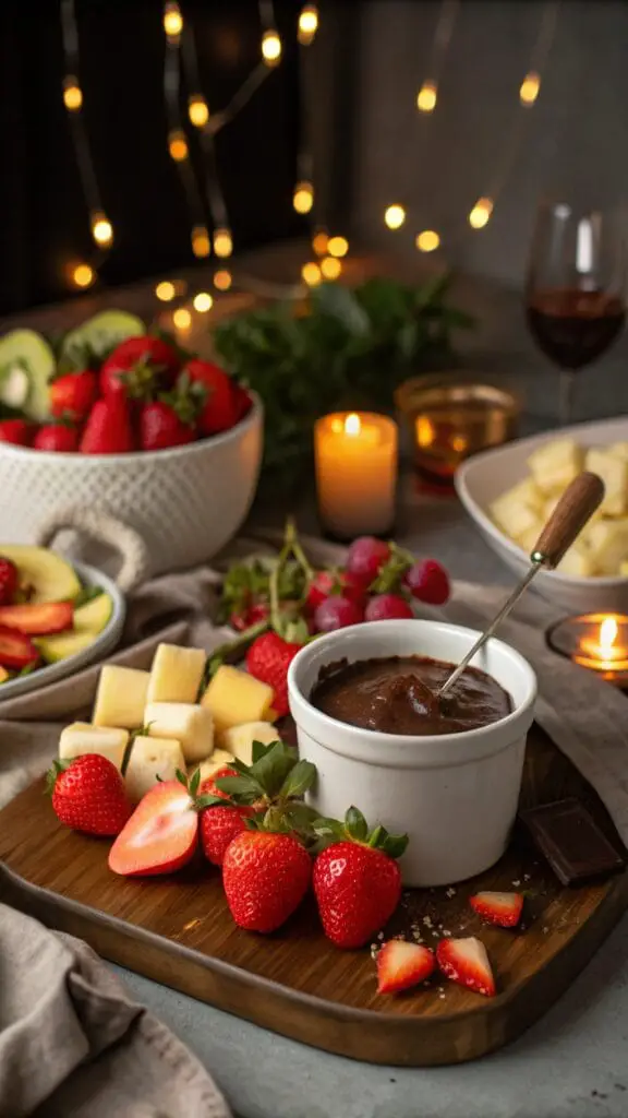 Perfect Valentines Day Dinner Ideas 3 A romantic setup for chocolate fondue with strawberries, marshmallows, and pretzels.