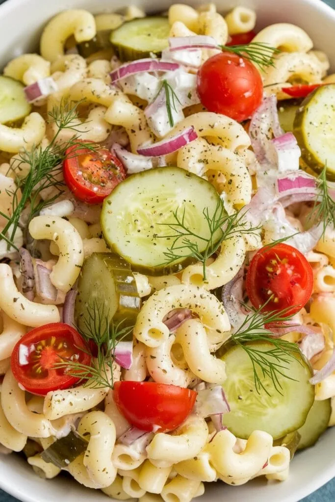 A colorful bowl of dill pickle pasta salad with macaroni, vegetables, and dressing.