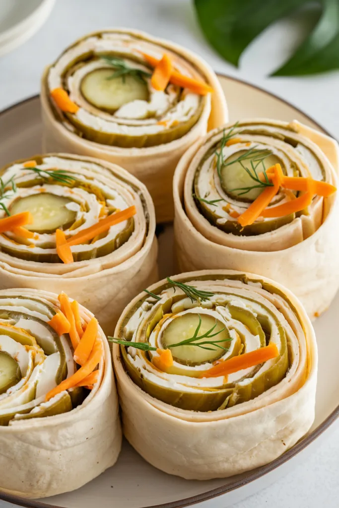 Delicious pickle and cream cheese pinwheels ready to be served.