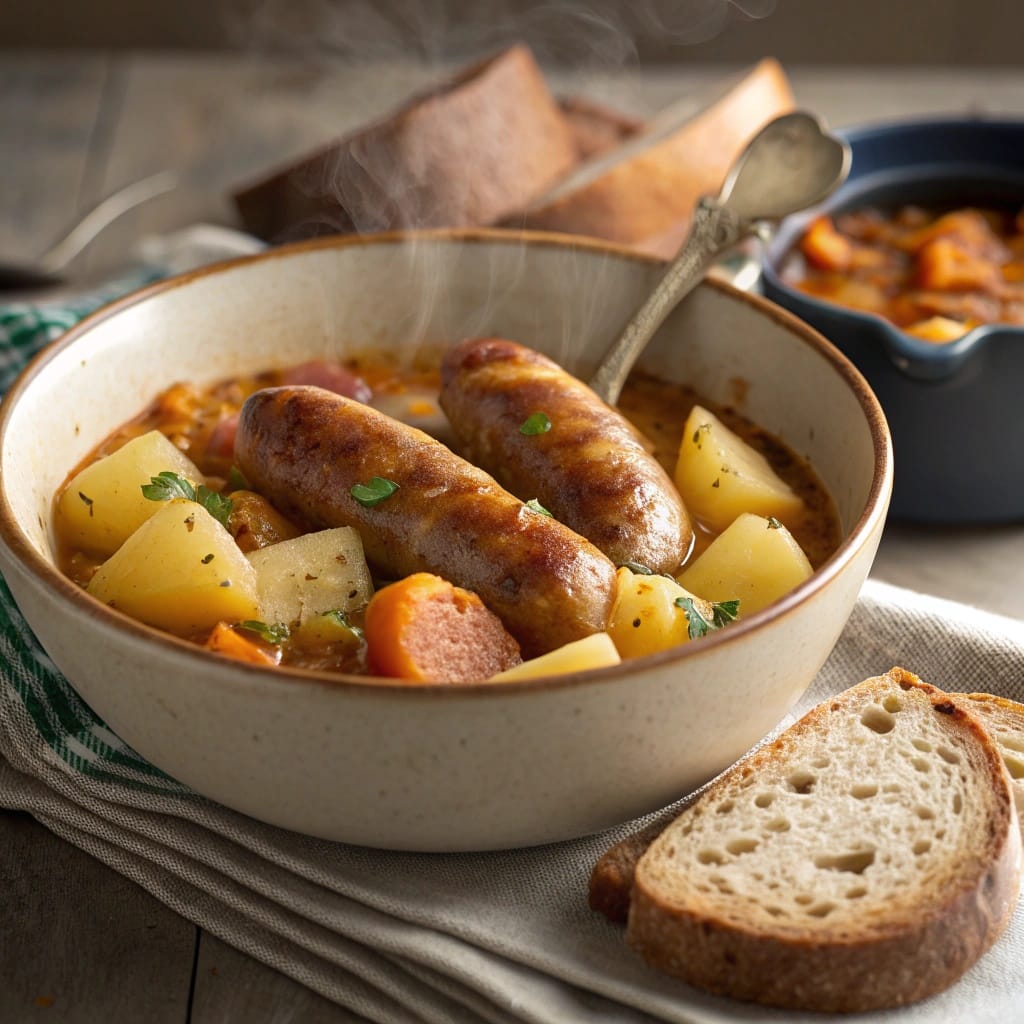 10 Delicious Irish Recipes to Celebrate St. Patrick's Day 9 A bowl of Dublin Coddle with sausage, potatoes, and rustic bread.