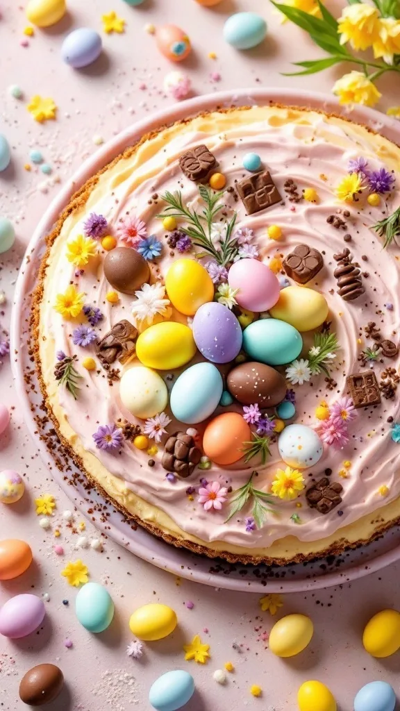 A colorful and decorated Easter Egg Cheesecake topped with chocolate eggs and flowers.