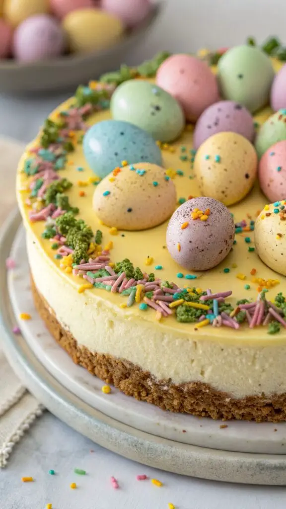 A colorful and decorated Easter Egg Cheesecake topped with chocolate eggs and flowers.