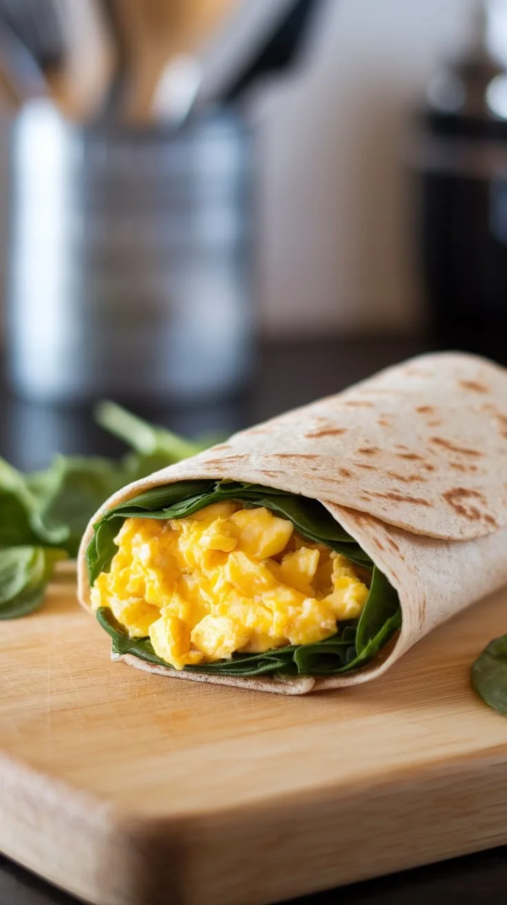 Egg and Spinach Wrap with scrambled eggs, spinach, and feta cheese