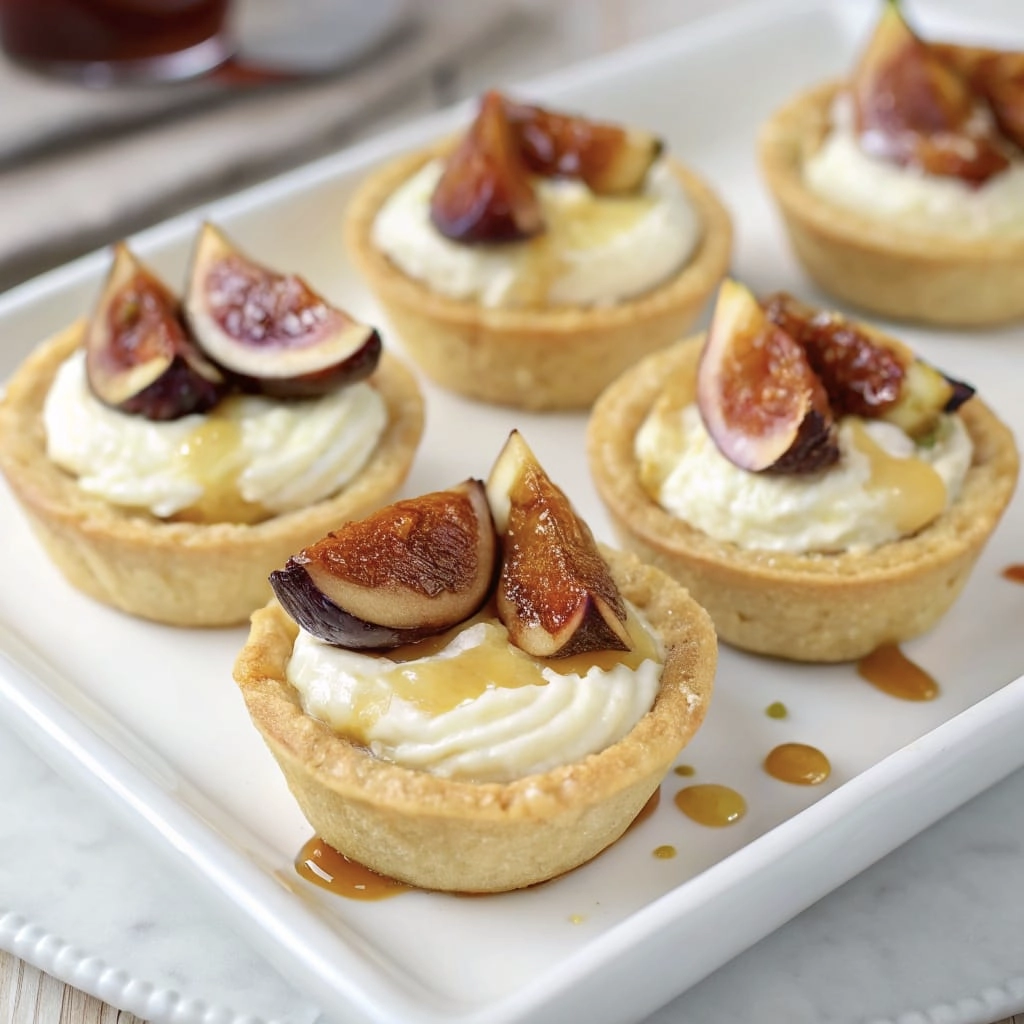 A plate of fig and goat cheese tartlets topped with fresh figs and honey.