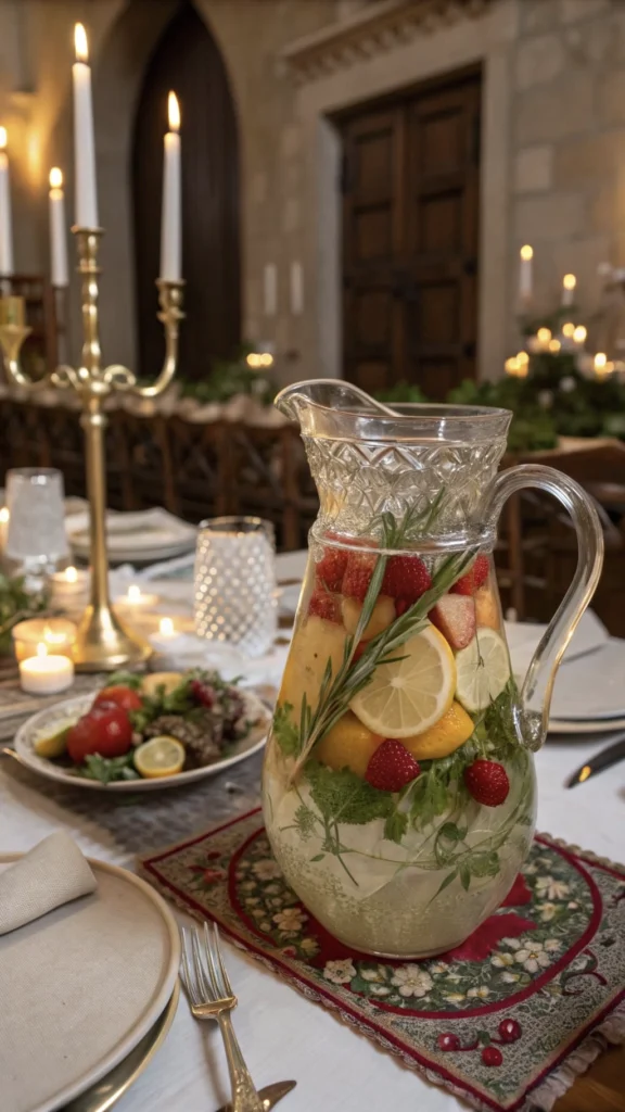 A glass jug filled with flavored water, herbs, and fruits, ready for a medieval feast.