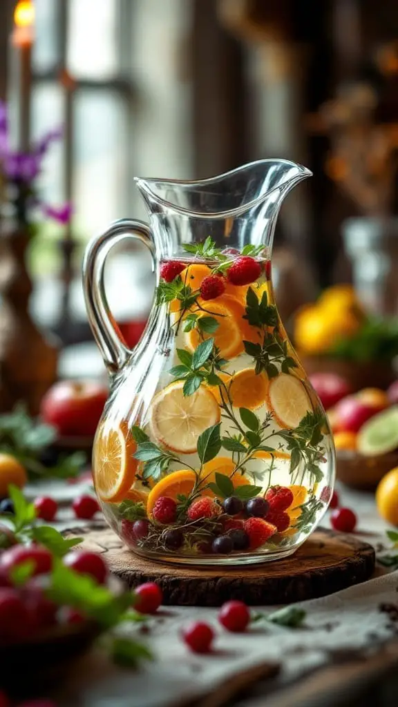 12 Fun Food Ideas for a Medieval Themed Party 12 A glass jug filled with flavored water, herbs, and fruits, ready for a medieval feast.
