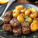 a plate of steak bites and baby potatoes in garlic butter