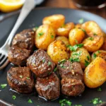 One-Pan Steak Bites and Potatoes in Garlic Butter 37 a plate of steak bites and baby potatoes in garlic butter