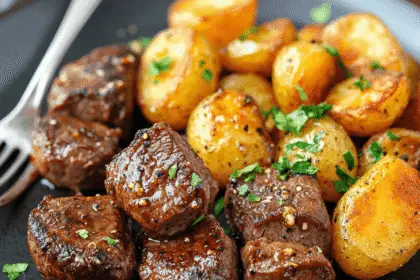 One-Pan Steak Bites and Potatoes in Garlic Butter 1 a plate of steak bites and baby potatoes in garlic butter