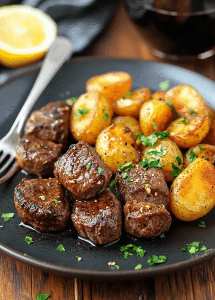 a plate of steak bites and baby potatoes in garlic butter