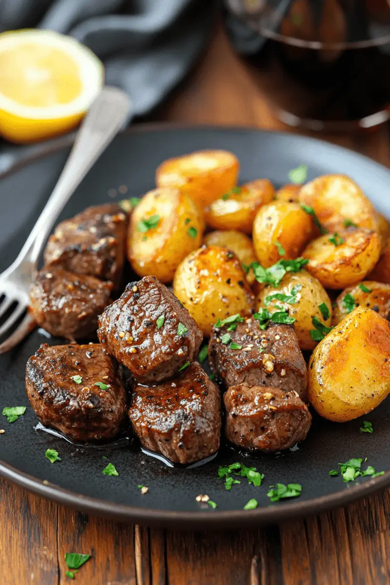a plate of steak bites and baby potatoes in garlic butter