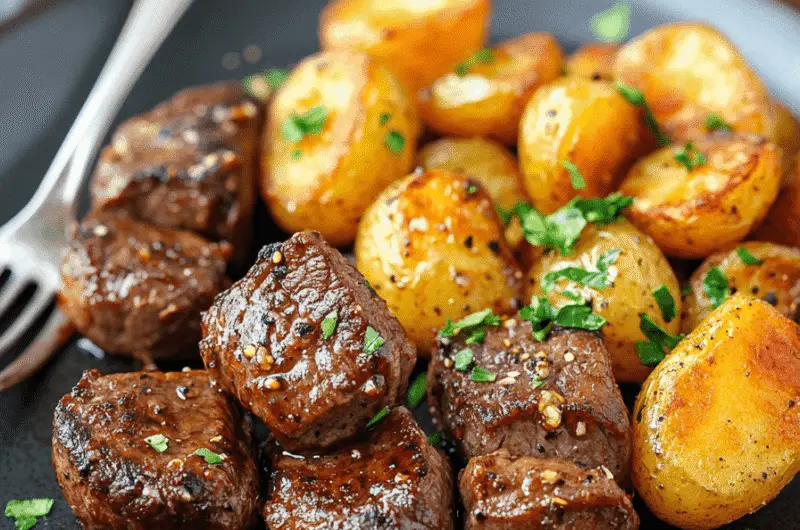 a plate of steak bites and baby potatoes in garlic butter