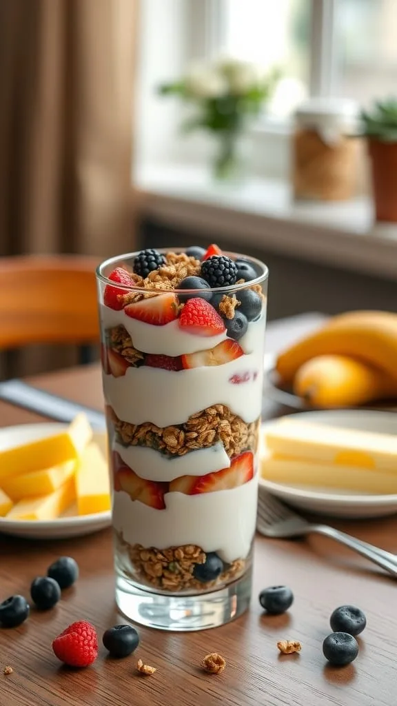 A refreshing Greek yogurt parfait layered with granola and fresh fruits.