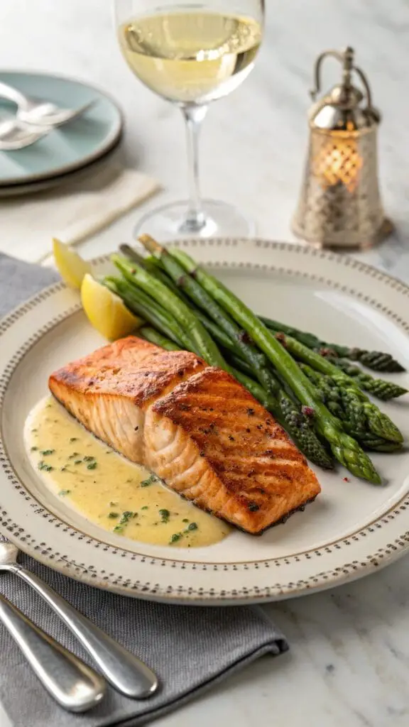 Valentines Day Dinner Ideas 2 Grilled salmon with lemon butter sauce, served with asparagus and garnished with lemon slices.