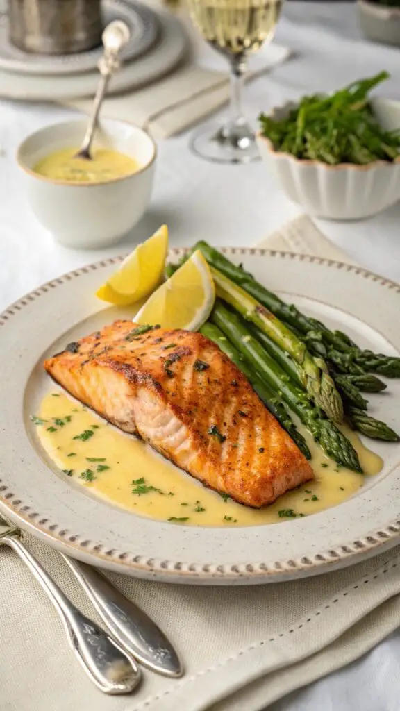 Perfect Valentines Day Dinner Ideas 2 Grilled salmon with lemon butter sauce, served with asparagus and garnished with lemon slices.