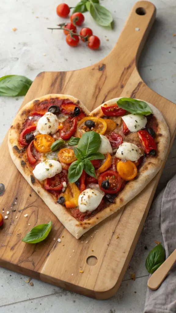 Valentines Day Dinner Ideas 5 A beautifully prepared heart-shaped pizza topped with gourmet ingredients, perfect for a romantic dinner.