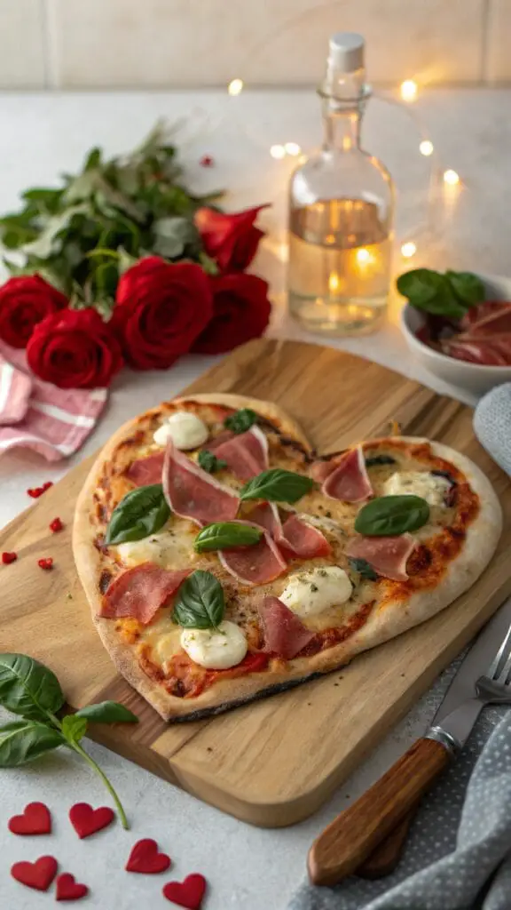 Perfect Valentines Day Dinner Ideas 5 A beautifully prepared heart-shaped pizza topped with gourmet ingredients, perfect for a romantic dinner.