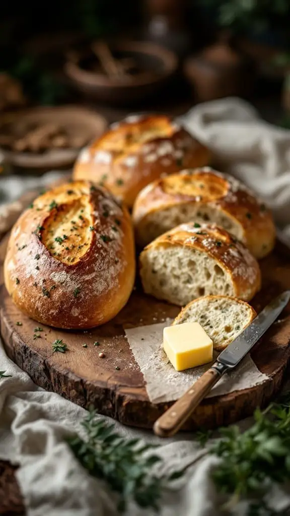 12 Fun Food Ideas for a Medieval Themed Party 7 Herb-crusted bread loaves on a wooden board with butter and herbs