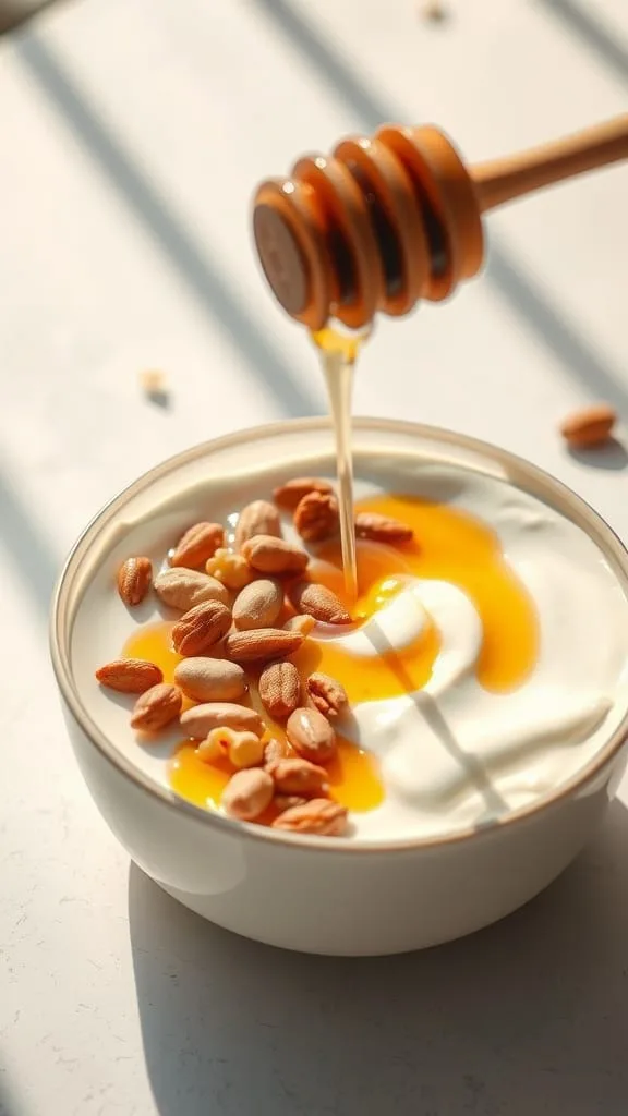 A bowl of Greek yogurt drizzled with honey and topped with assorted nuts.