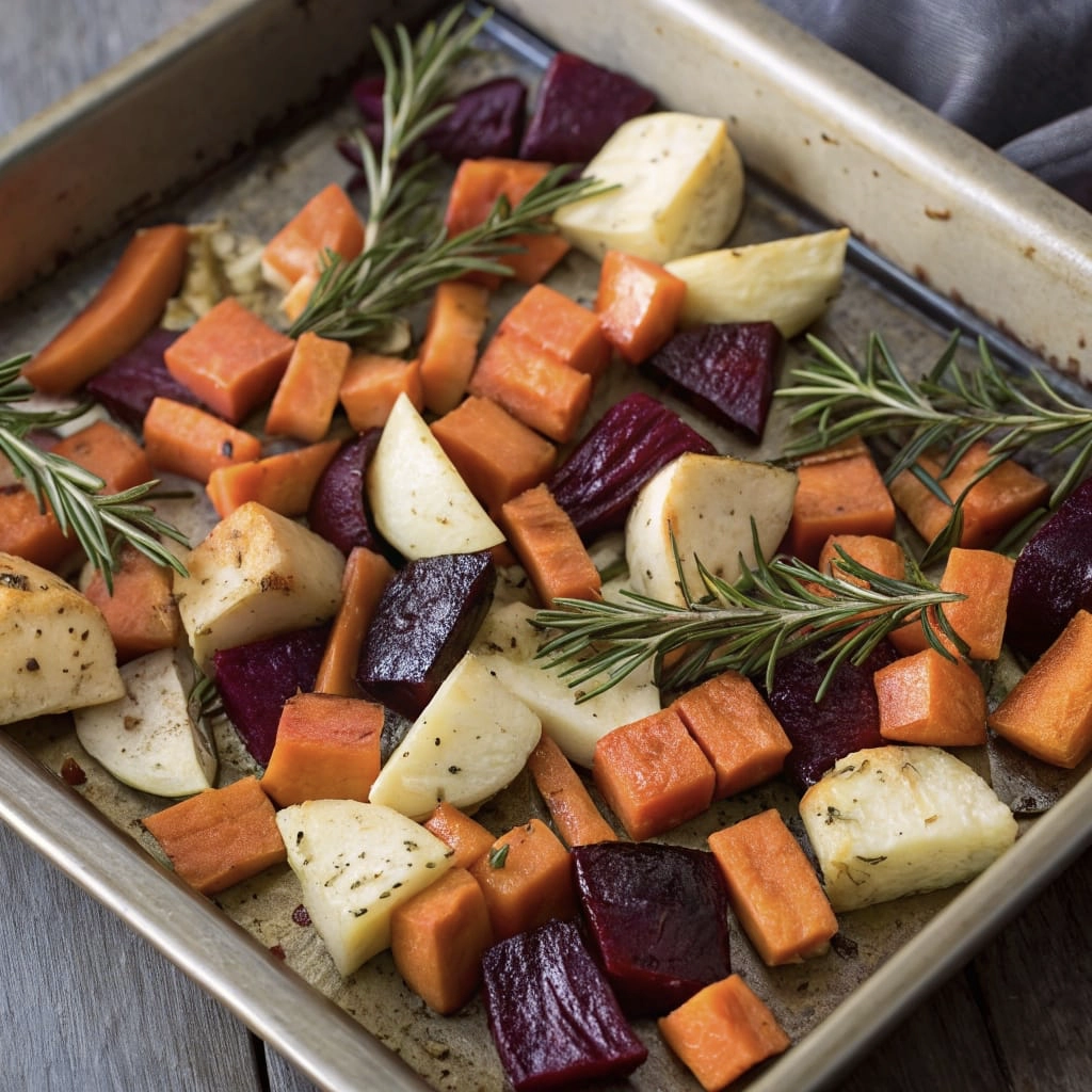 A tray of honey-roasted root vegetables including carrots, parsnips, and beets, garnished with rosemary.