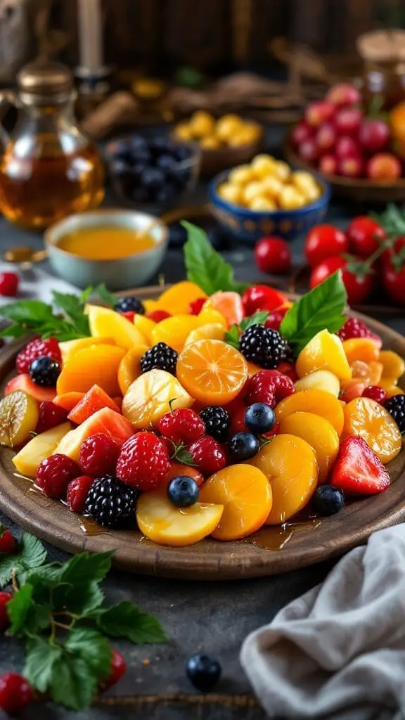 12 Fun Food Ideas for a Medieval Themed Party 4 A vibrant honeyed fruit platter featuring a variety of fresh fruits like strawberries, blueberries, raspberries, peaches, and mandarin oranges, drizzled with honey and garnished with mint leaves.