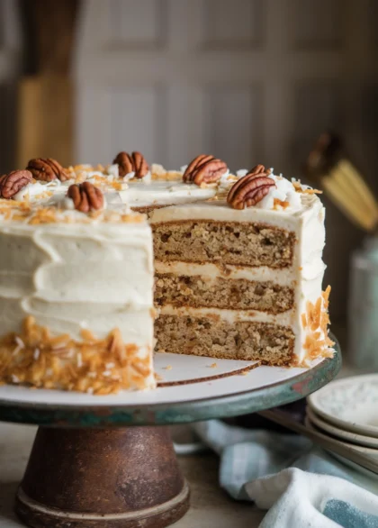 A delicious Hummingbird Cake on a Cake Stand