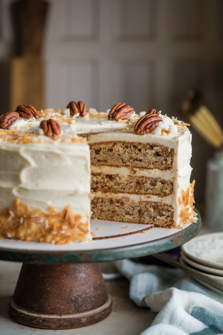 A delicious Hummingbird Cake on a Cake Stand