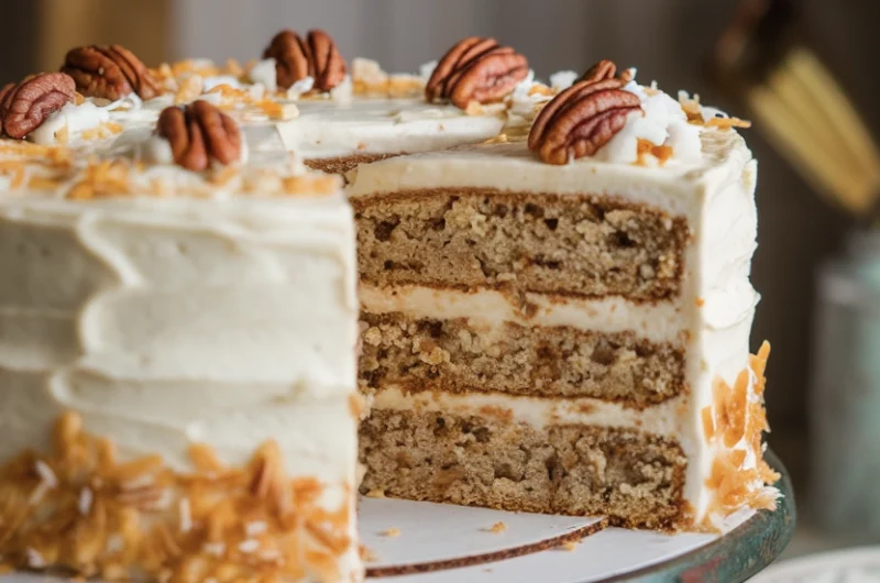 A delicious Hummingbird Cake on a Cake Stand
