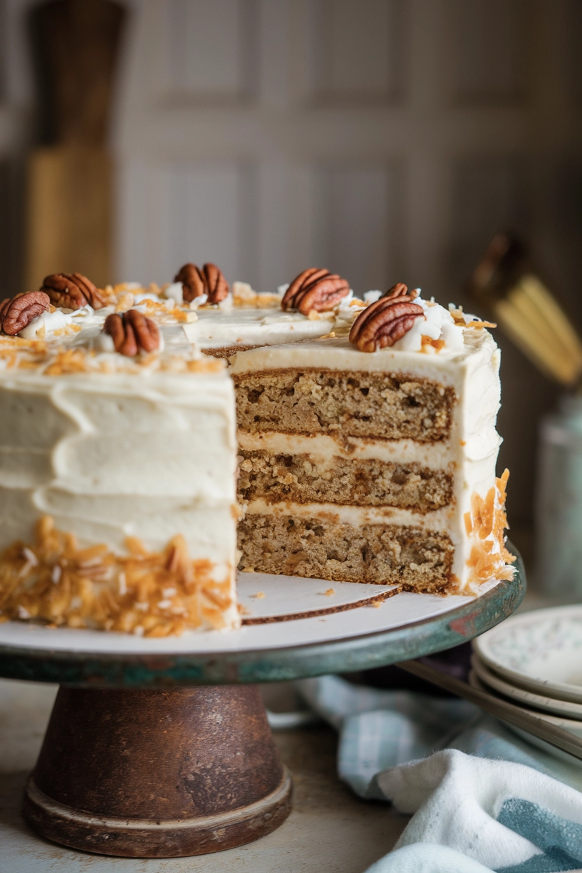 A delicious Hummingbird Cake on a Cake Stand