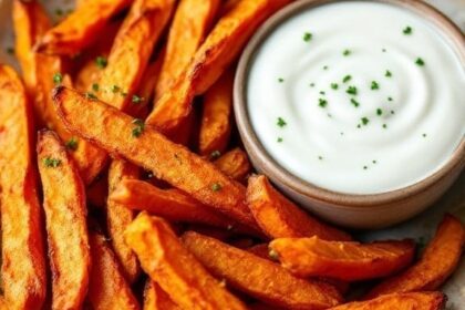 Plate of crispy sweet potato fries with garlic aioli on a rustic wooden table.