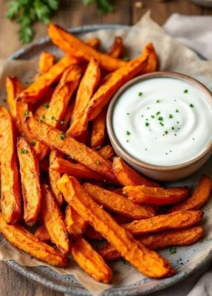 Crispy Sweet Potato Fries with Garlic Aioli 7 Plate of crispy sweet potato fries with garlic aioli on a rustic wooden table.