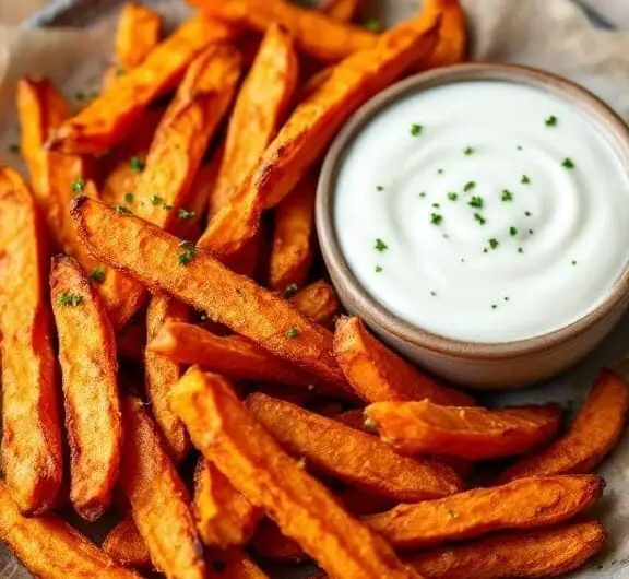 Plate of crispy sweet potato fries with garlic aioli on a rustic wooden table.