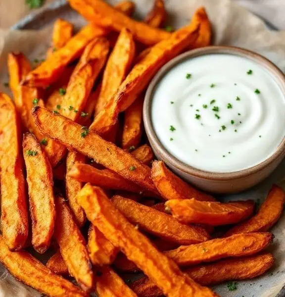 Crispy Sweet Potato Fries with Garlic Aioli 1 Plate of crispy sweet potato fries with garlic aioli on a rustic wooden table.