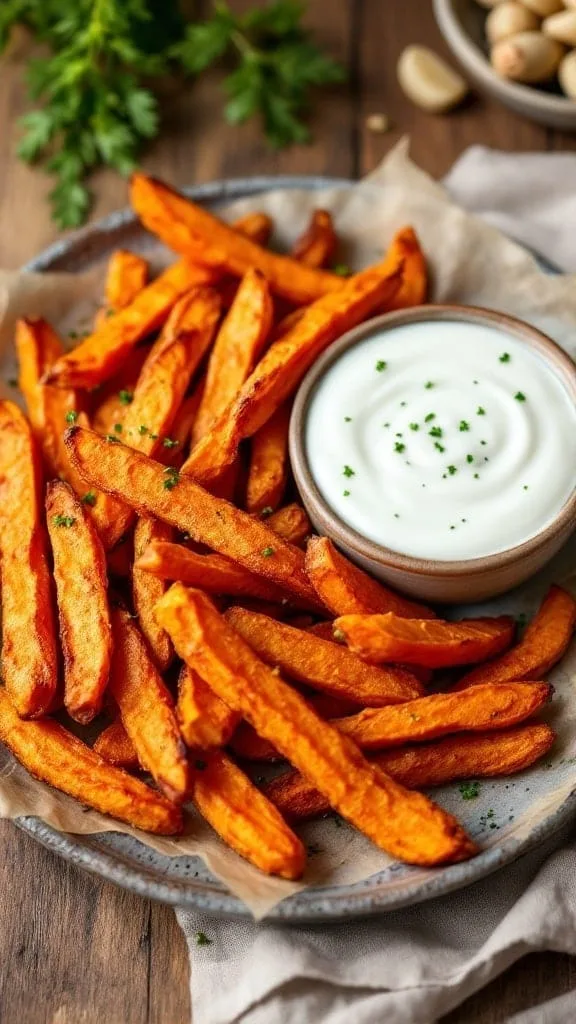 Plate of crispy sweet potato fries with garlic aioli on a rustic wooden table.