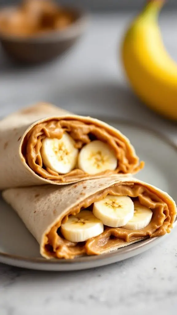 A delicious peanut butter banana wrap on a plate.
