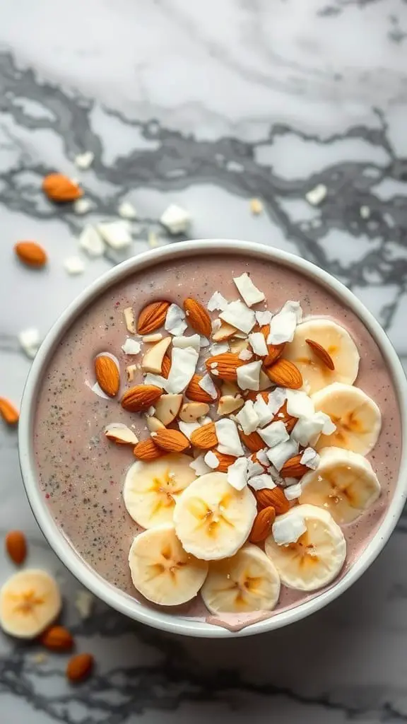 A vibrant smoothie bowl topped with banana slices, almonds, and shredded coconut.