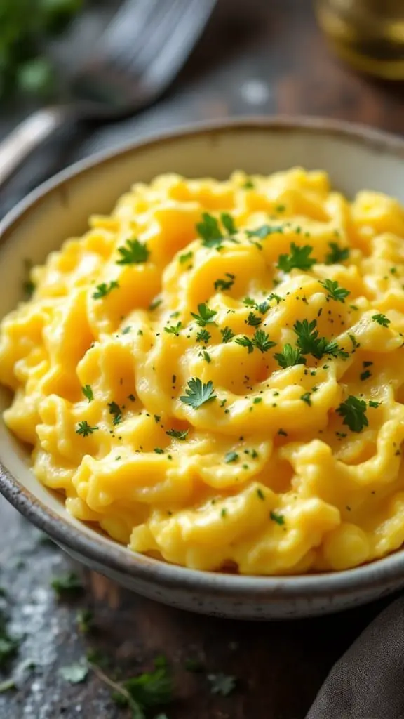Delicious scrambled eggs in a bowl, garnished with herbs.