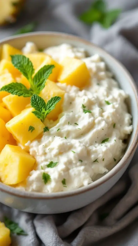 A bowl of cottage cheese topped with pineapple chunks and mint leaves.