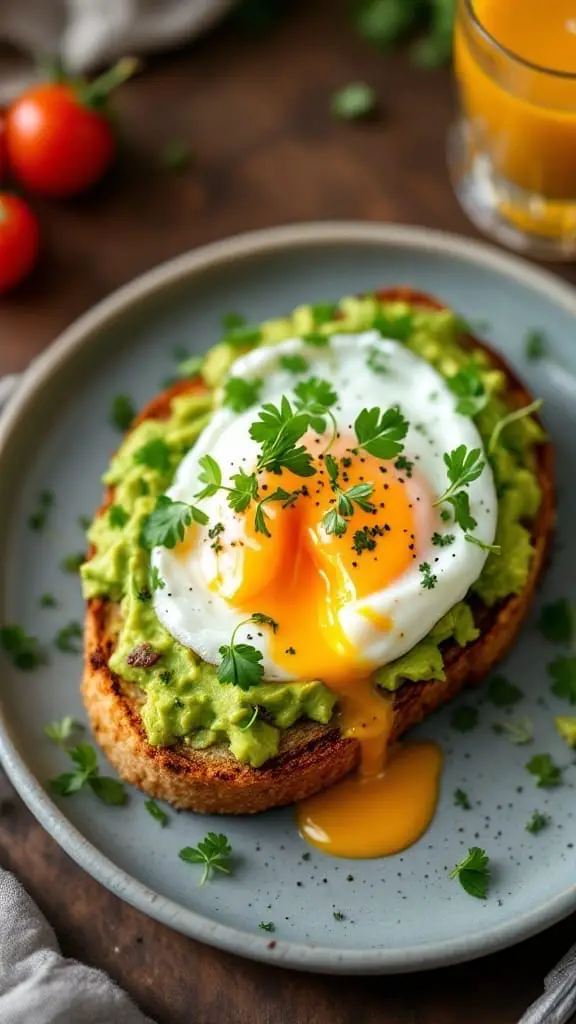A delicious plate of avocado toast topped with a poached egg and garnished with fresh herbs.