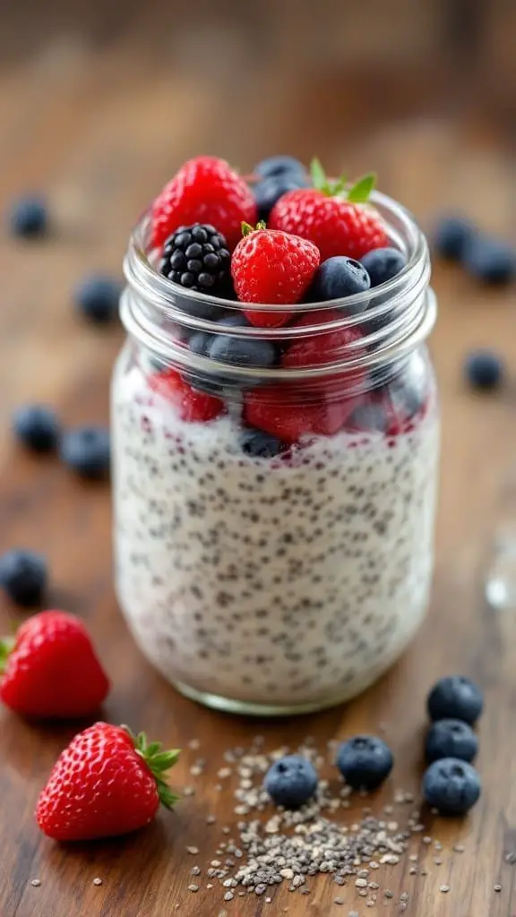 A jar of overnight oats topped with fresh berries