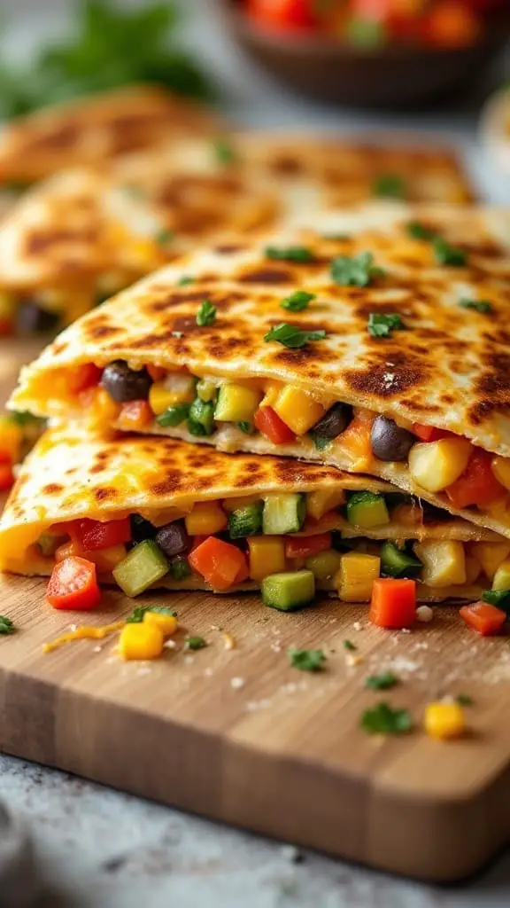 A delicious quesadilla filled with cheese and colorful vegetables, served on a wooden board.