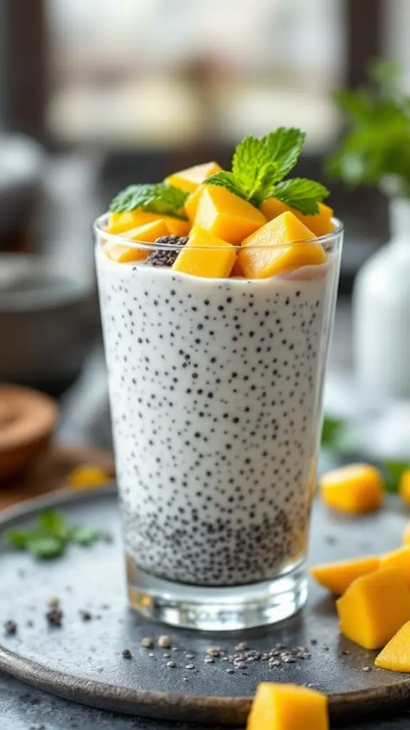 Chia seed pudding topped with diced mango and mint leaves in a glass.