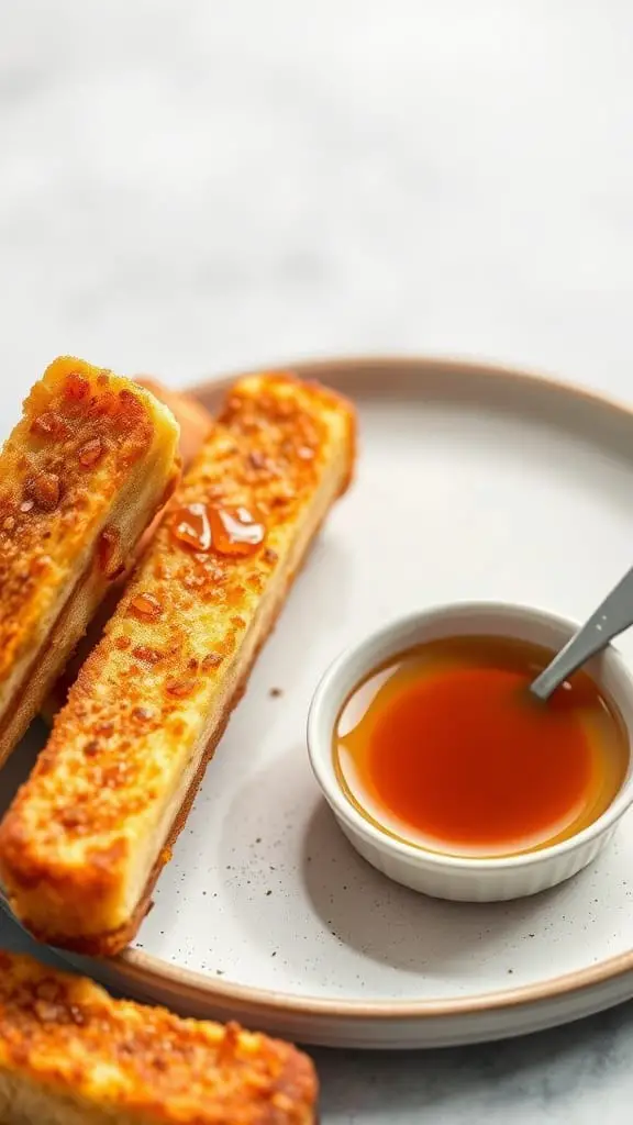Crispy French toast sticks served with maple syrup for dipping