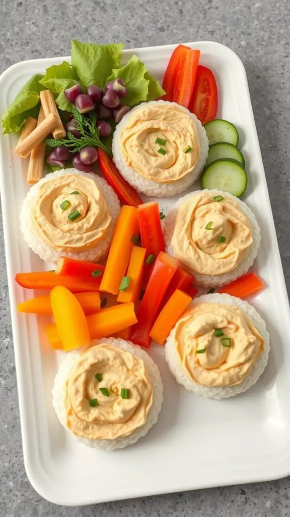 Rice cakes topped with hummus and assorted fresh vegetables on a platter.