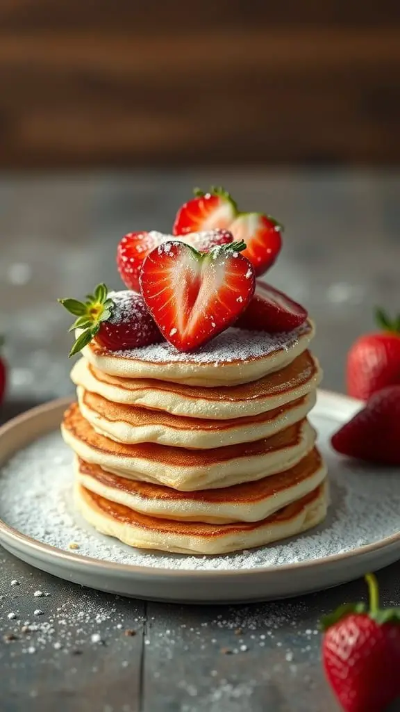 Mini pancakes stacked with fresh strawberries on top, dusted with powdered sugar.
