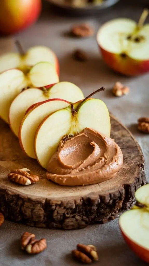 A wooden plate with apple slices topped with nut butter.