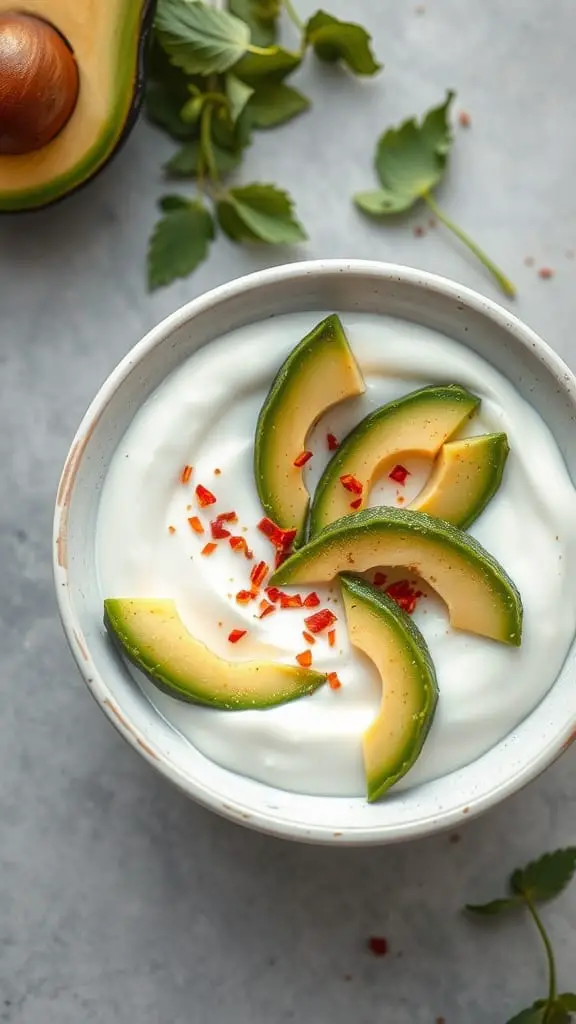 A savory yogurt bowl topped with avocado slices and chili flakes.