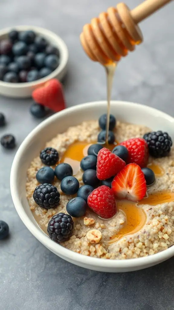 A bowl of instant quinoa porridge topped with fresh berries and a drizzle of honey.
