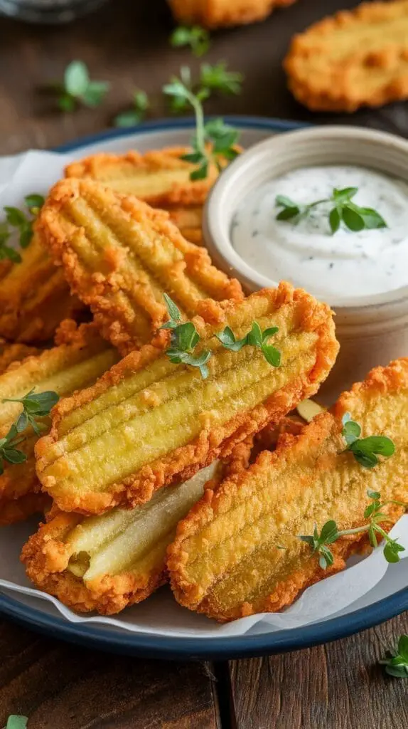 Crispy air fried pickles served with ranch dipping sauce on a rustic table.