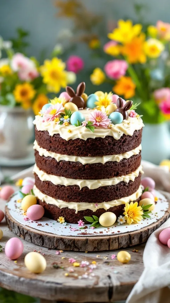 A three-layer Easter chocolate cake decorated with vanilla frosting and spring-themed decorations on a rustic table.